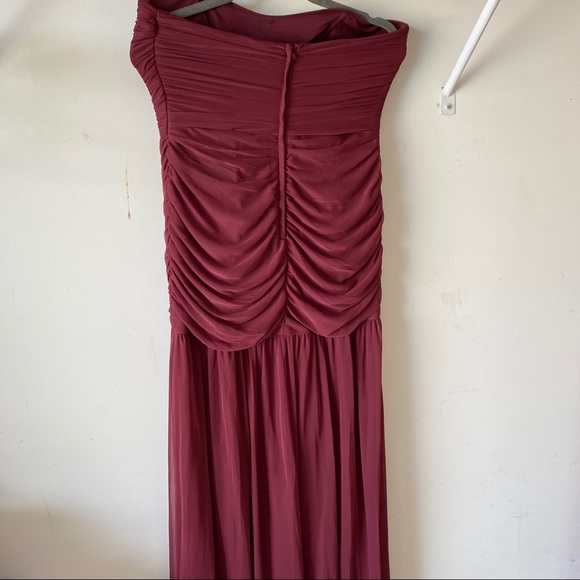 Long Fit and Flare Mesh Wine Bridesmaid Dress - Picture 3 of 6